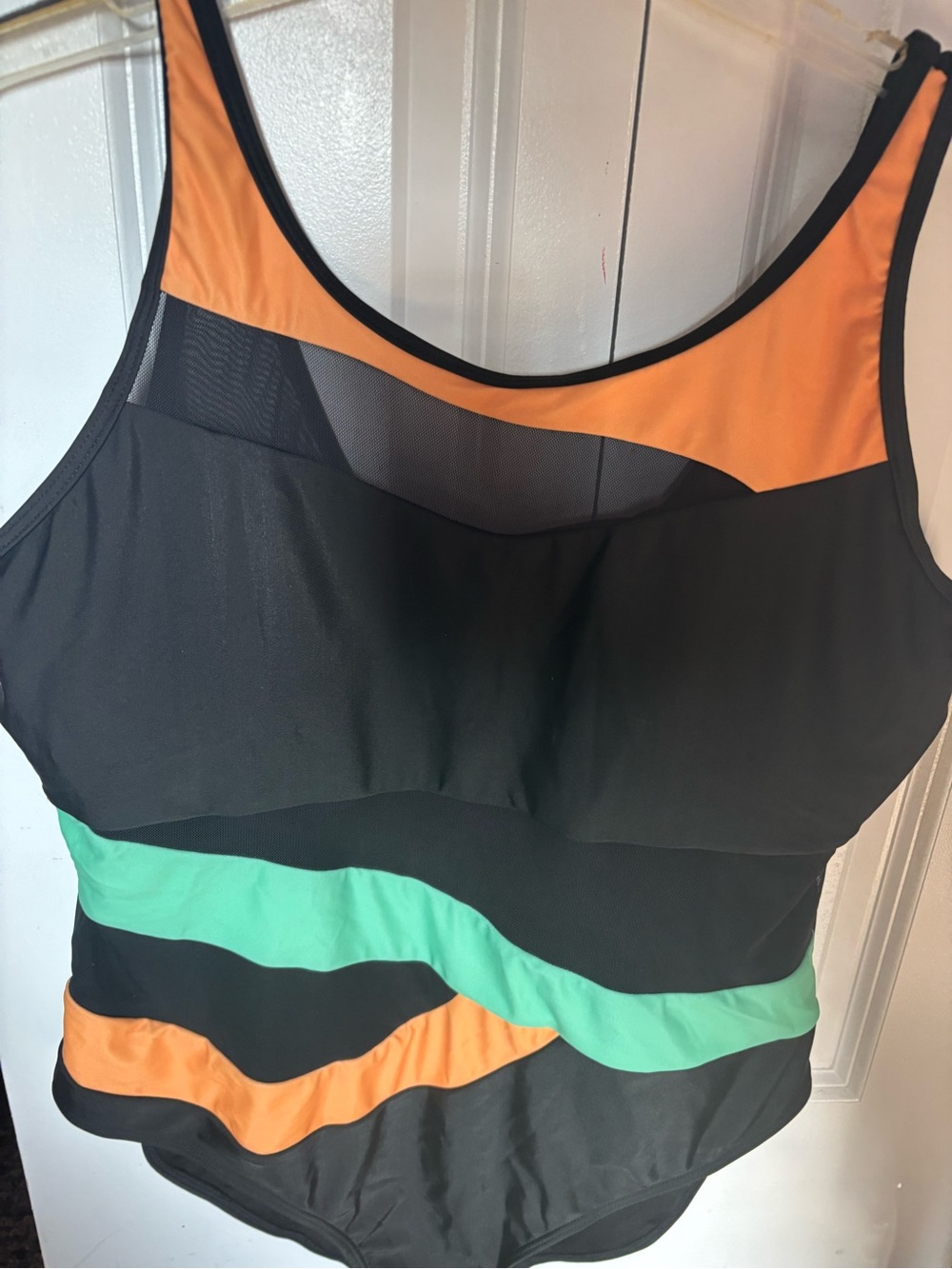 Women's Black Colorblock One-Piece Swimsuit with Orange and Mint Accents